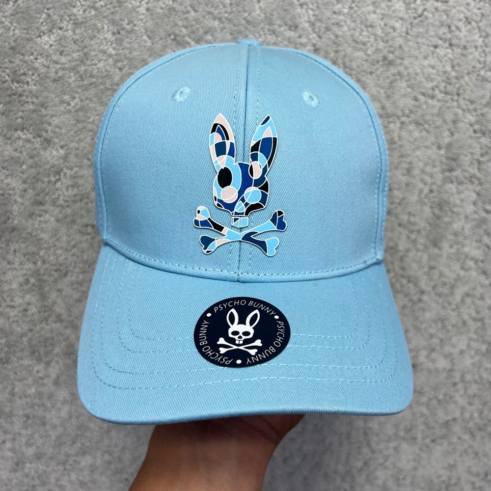 Psycho Bunny Mens Light Blue Camo Logo Baseball Cap Hat Adjustable NWT
